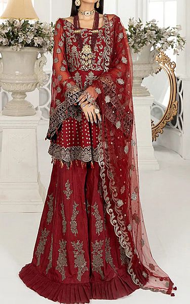 Janique Maroon Chiffon Suit | Pakistani Embroidered Chiffon Dresses- Image 1