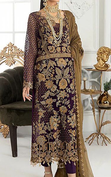Janique Egg Plant Chiffon Suit | Pakistani Embroidered Chiffon Dresses- Image 1