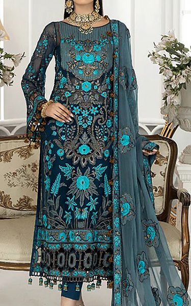Janique Teal Chiffon Suit | Pakistani Embroidered Chiffon Dresses- Image 1
