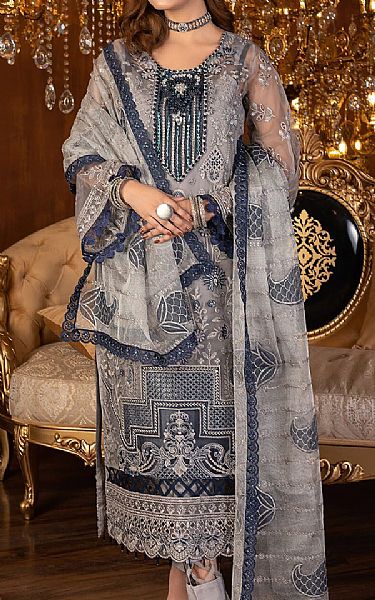 Janique Grey Organza Suit | Pakistani Embroidered Chiffon Dresses USA- Image 1
