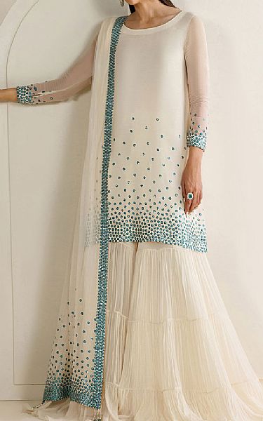 Jazmin White/Turquoise Chiffon Suit | Pakistani Embroidered Chiffon Dresses USA- Image 1