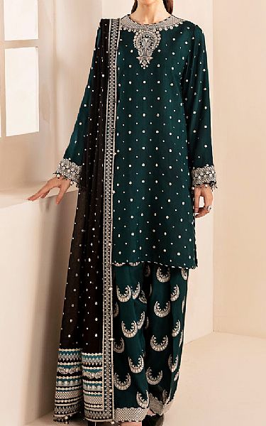 Jazmin Bottle Green Silk Suit | Pakistani Embroidered Chiffon Dresses USA- Image 1