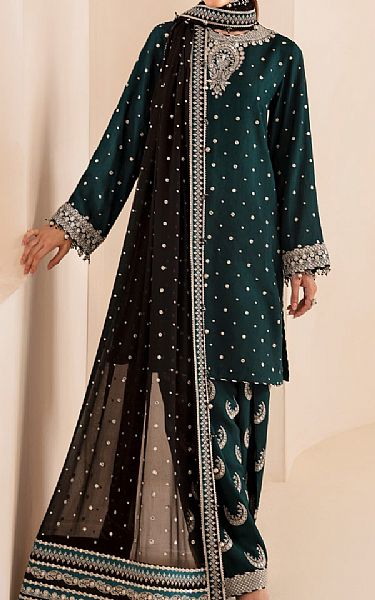 Jazmin Bottle Green Silk Suit | Pakistani Embroidered Chiffon Dresses USA- Image 3