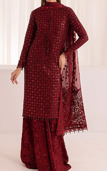 Jazmin Burgundy Raw Silk Suit | Pakistani Embroidered Chiffon Dresses- Image 1