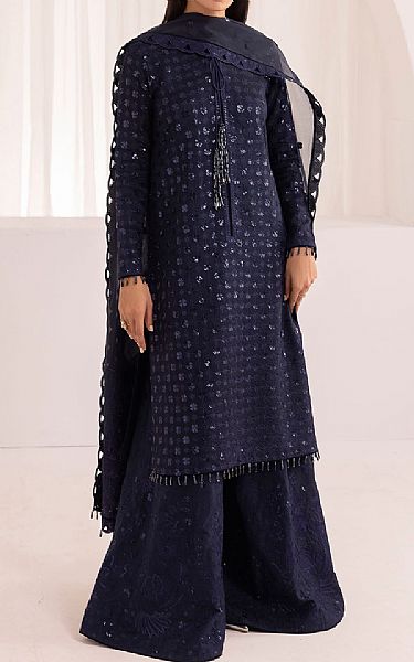 Jazmin Oxford Blue Raw Silk Suit | Pakistani Embroidered Chiffon Dresses- Image 1