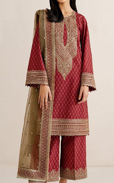 Jazmin Merlot Raw Silk Suit | Pakistani Embroidered Chiffon Dresses USA- Image 1