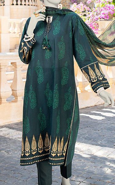 Junaid Jamshed Dark Green Lawn Suit | Pakistani Lawn Dress in USA- Image 1