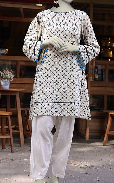 Junaid Jamshed Off-white Cambric Kurti | Pakistani Lawn Dress in USA- Image 1