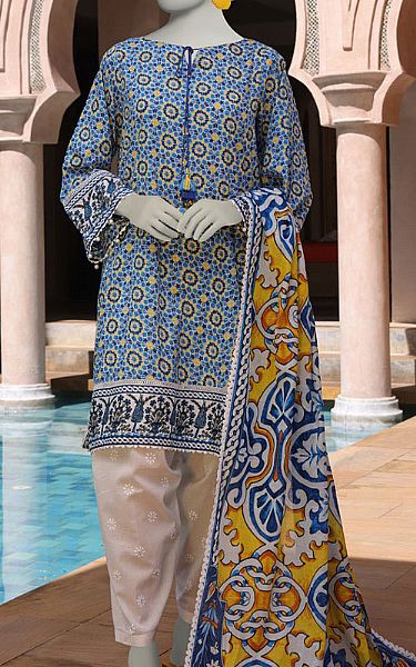 Junaid Jamshed Blue/Mustard Lawn Suit (2 Pcs) | Pakistani Lawn Dress in USA- Image 1