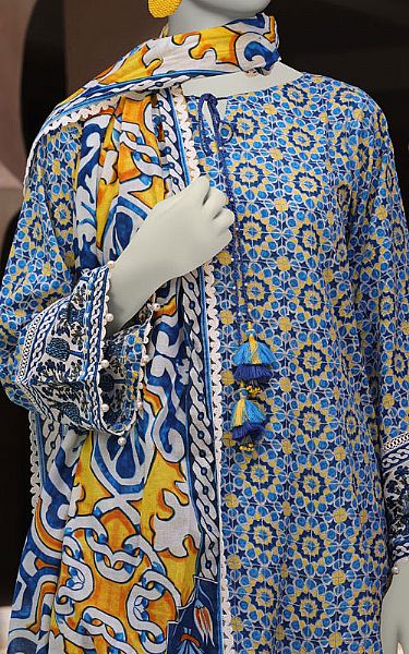 Junaid Jamshed Blue/Mustard Lawn Suit (2 Pcs) | Pakistani Lawn Dress in USA- Image 2