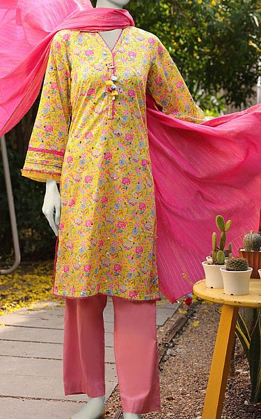 Junaid Jamshed Yellow/Pink Lawn Suit (2 Pcs) | Pakistani Lawn Dress in USA- Image 1