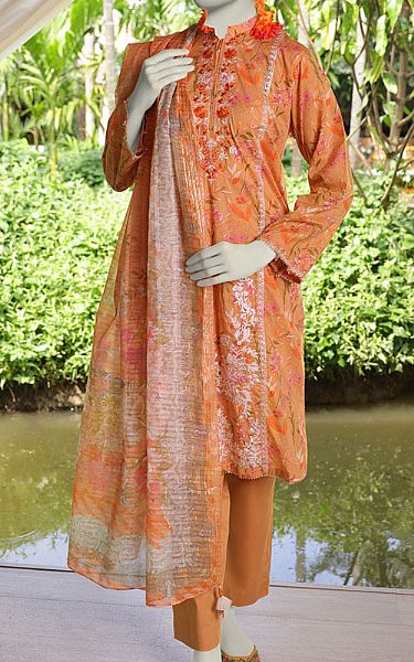 Junaid Jamshed Orange Lawn Suit | Pakistani Lawn Dress in USA- Image 1