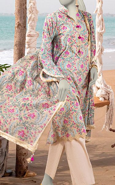 Junaid Jamshed Ivory/Magenta Lawn Suit (2 Pcs) | Pakistani Lawn Dress in USA- Image 1