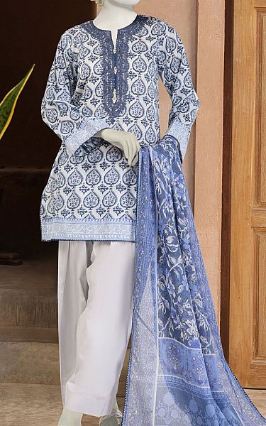 Junaid Jamshed White/Blue Lawn Suit | Pakistani Lawn Dress in USA- Image 1