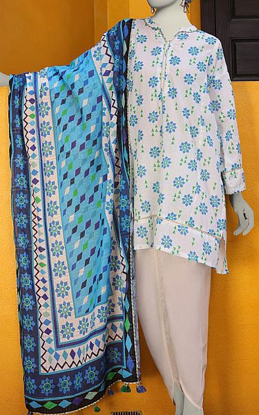 Junaid Jamshed White/Blue Lawn Suit | Pakistani Lawn Dress in USA- Image 1