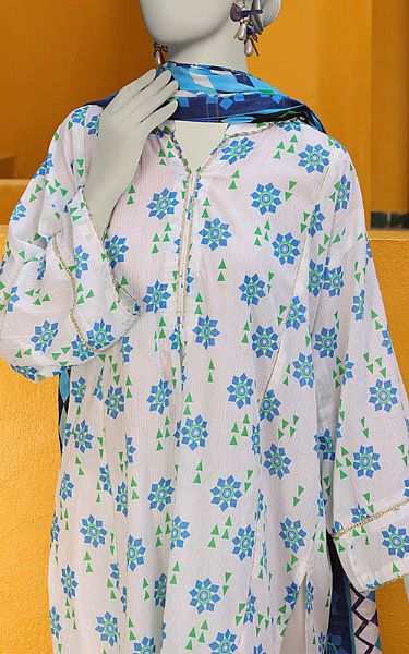 Junaid Jamshed White/Blue Lawn Suit | Pakistani Lawn Dress in USA- Image 2
