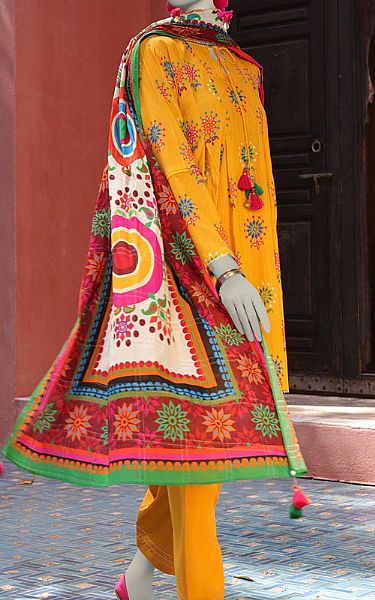 Junaid Jamshed Mustard Lawn Suit | Pakistani Lawn Dress in USA- Image 1