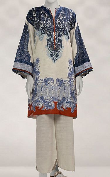 Junaid Jamshed Off-white/Blue Khaddar Suit (2 Pcs) | Pakistani Winter Dresses in USA- Image 1