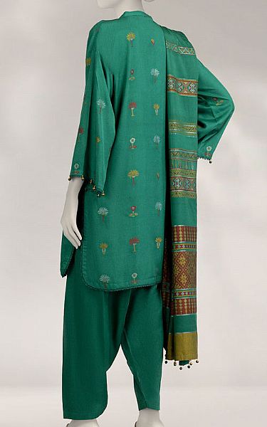 Junaid Jamshed Emerald Green Linen Suit | Pakistani Winter Dresses in USA- Image 2