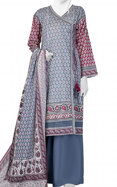 Junaid Jamshed Slate Grey/Red Lawn Suit | Pakistani Lawn Suits- Image 1