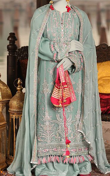 Junaid Jamshed Spanish Green Organza Suit | Pakistani Embroidered Chiffon Dresses USA- Image 1