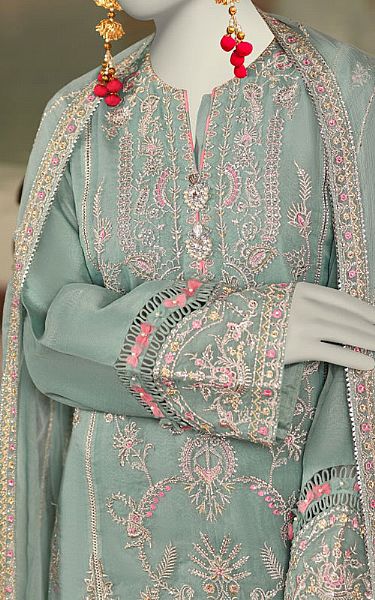 Junaid Jamshed Spanish Green Organza Suit | Pakistani Embroidered Chiffon Dresses USA- Image 2