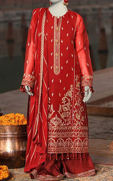 Junaid Jamshed Scarlet Organza Suit | Pakistani Embroidered Chiffon Dresses USA- Image 1
