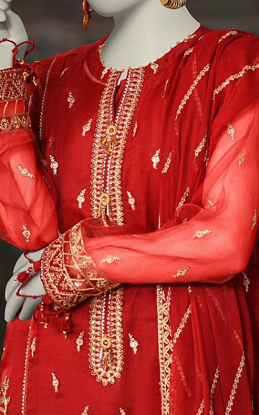Junaid Jamshed Scarlet Organza Suit | Pakistani Embroidered Chiffon Dresses USA- Image 2
