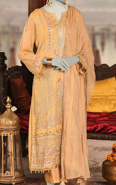 Junaid Jamshed Apricot Organza Suit | Pakistani Embroidered Chiffon Dresses USA- Image 1