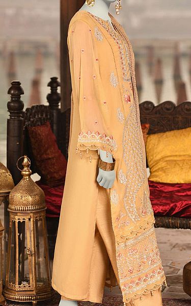 Junaid Jamshed Apricot Organza Suit | Pakistani Embroidered Chiffon Dresses USA- Image 2