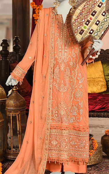 Junaid Jamshed Peach Organza Suit | Pakistani Embroidered Chiffon Dresses USA- Image 1