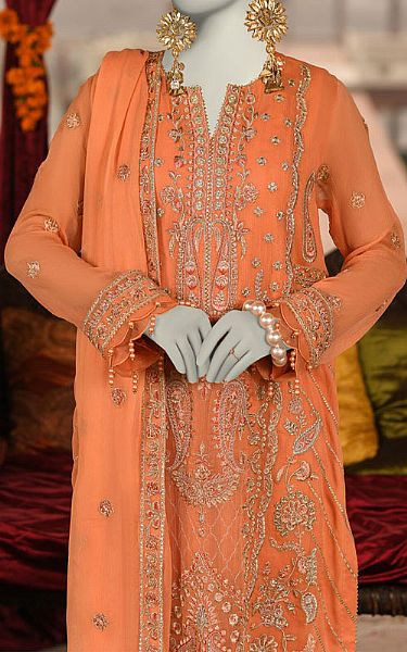 Junaid Jamshed Peach Organza Suit | Pakistani Embroidered Chiffon Dresses USA- Image 2