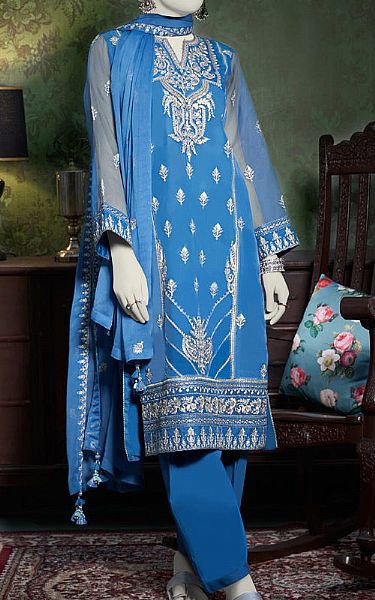 Junaid Jamshed Denim Blue Organza Suit | Pakistani Embroidered Chiffon Dresses- Image 1