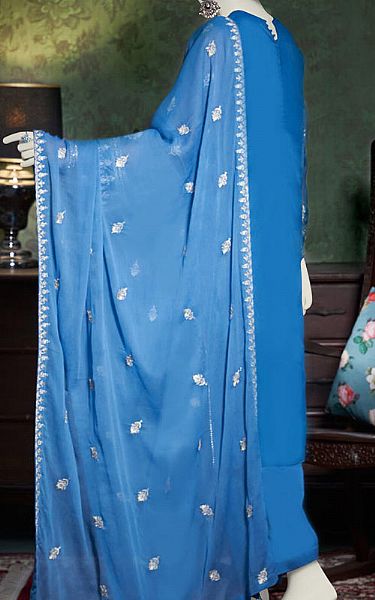 Junaid Jamshed Denim Blue Organza Suit | Pakistani Embroidered Chiffon Dresses- Image 2
