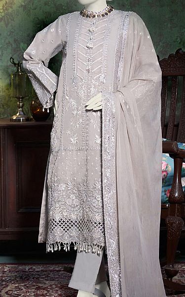 Junaid Jamshed Grey Nickel Organza Suit | Pakistani Embroidered Chiffon Dresses- Image 1
