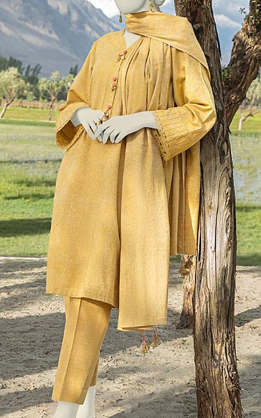 Junaid Jamshed Sand Gold Jacquard Suit | Pakistani Winter Dresses- Image 1