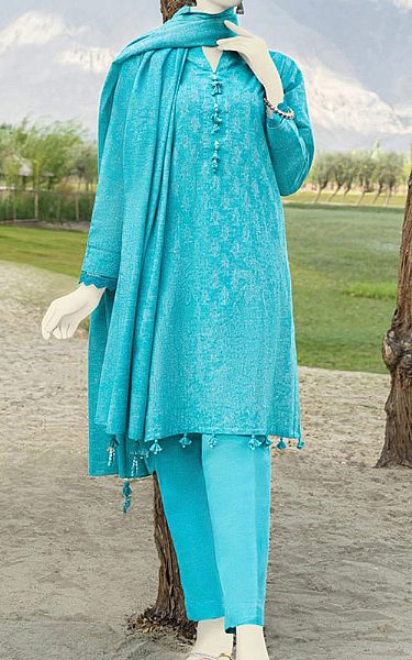 Junaid Jamshed Aqua Jacquard Suit | Pakistani Winter Dresses- Image 1