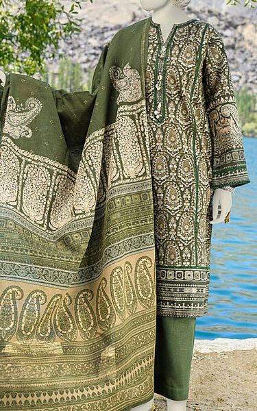 Junaid Jamshed Fern Green Cambric Suit | Pakistani Winter Dresses- Image 1