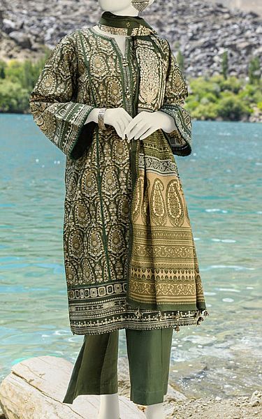 Junaid Jamshed Fern Green Khaddar Suit | Pakistani Winter Dresses- Image 1