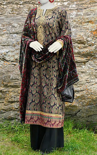 Junaid Jamshed Black Jacquard Suit | Pakistani Winter Dresses- Image 1