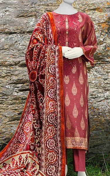 Junaid Jamshed Dark Pink Jacquard Suit | Pakistani Winter Dresses- Image 1