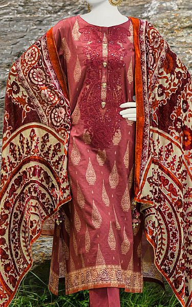 Junaid Jamshed Dark Pink Jacquard Suit | Pakistani Winter Dresses- Image 2