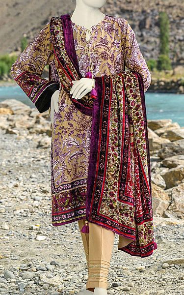 Junaid Jamshed Tan/Purple Palachi Suit | Pakistani Winter Dresses- Image 1