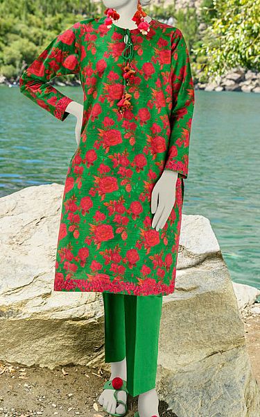 Junaid Jamshed Parrot Green Cambric Suit (2 Pcs) | Pakistani Winter Dresses- Image 1