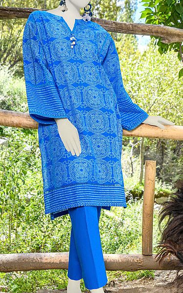 Junaid Jamshed Bright Blue Khaddar Suit (2 Pcs) | Pakistani Winter Dresses- Image 1