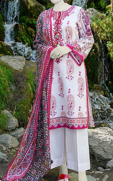 Junaid Jamshed White/Pink Cambric Suit (2 Pcs) | Pakistani Winter Dresses- Image 1