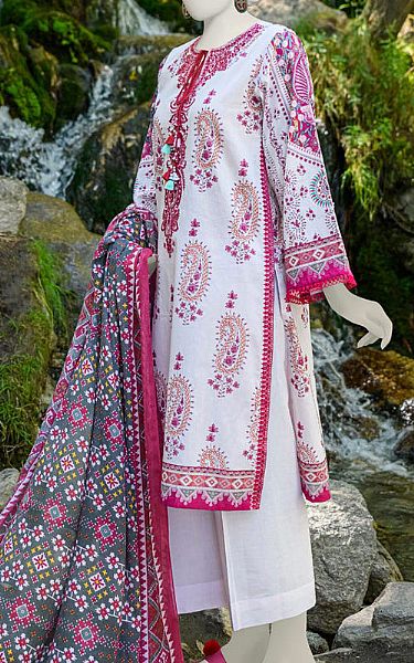 Junaid Jamshed White/Pink Cambric Suit (2 Pcs) | Pakistani Winter Dresses- Image 2