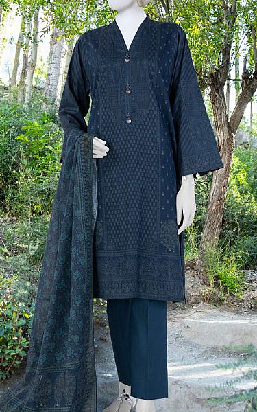 Junaid Jamshed Navy Cambric Suit (2 Pcs) | Pakistani Winter Dresses- Image 1