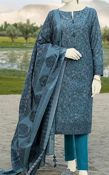 Junaid Jamshed Grey/Turquoise Cambric Suit (2 Pcs) | Pakistani Winter Dresses- Image 1