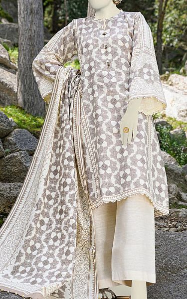 Junaid Jamshed Grey/Ivory Khaddar Suit | Pakistani Winter Dresses- Image 1